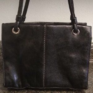 VTG Black Leather Double Handle Multi Pocket Organizer Purse Tote Bag-9.5x7x3